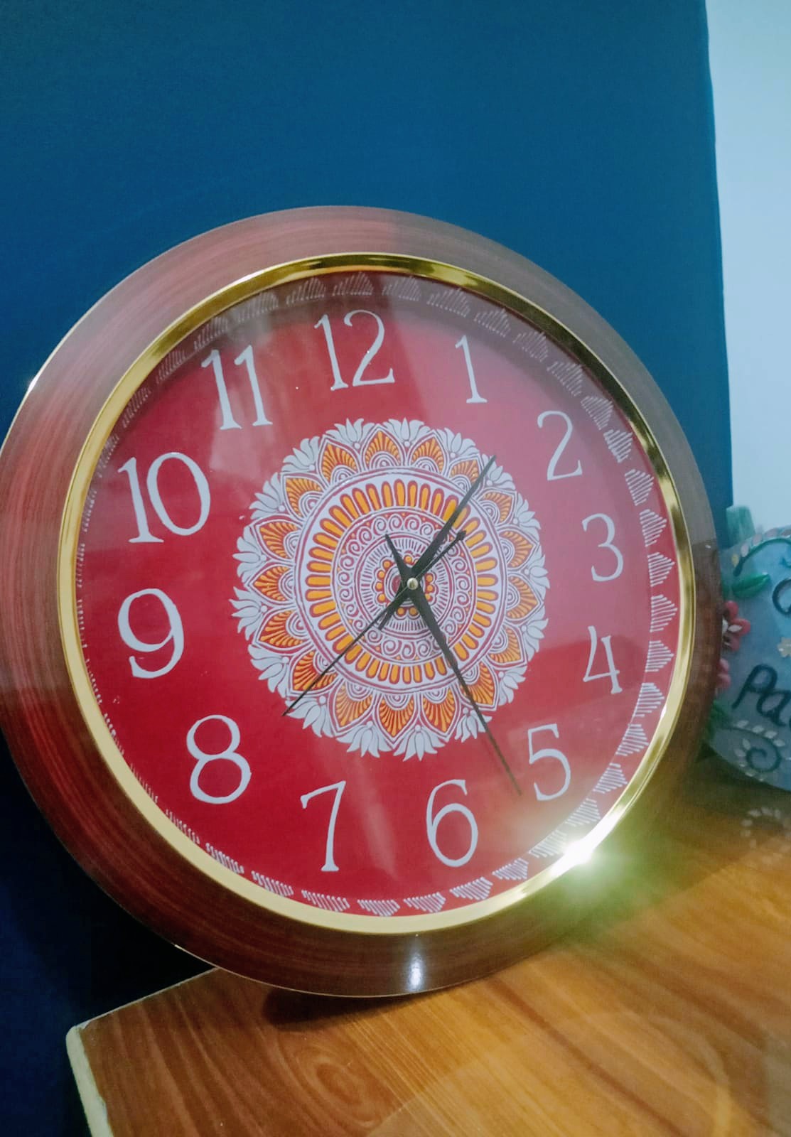 Hand-Painted Round Wall Clock in Red | Aipan Art Design | 12-inch Fiber Decorative Clock | Traditional Pahadi Folk Art