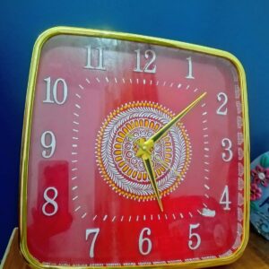 Hand-Painted Red Aipan Art Wall Clock | Traditional Pahadi Design | 12x12 inch Decorative Fiber Clock