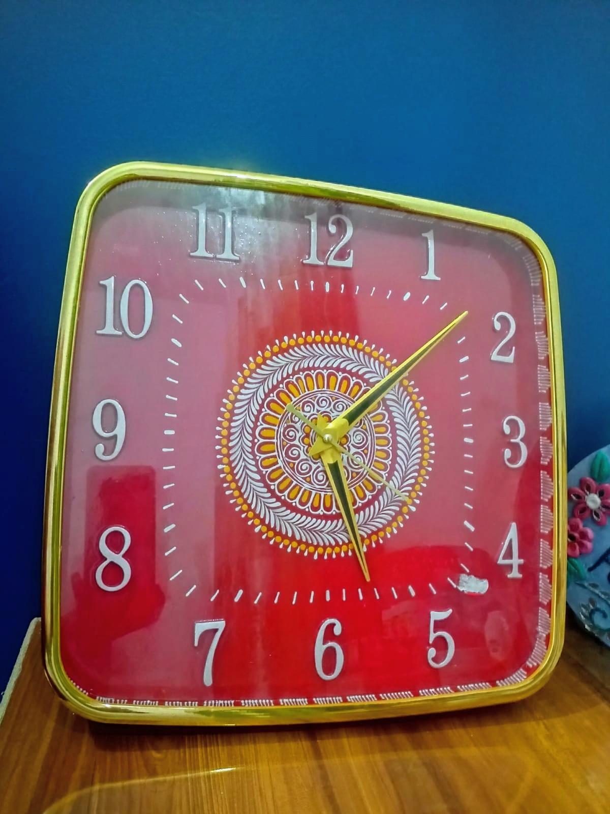 Hand-Painted Red Aipan Art Wall Clock | Traditional Pahadi Design | 12x12 inch Decorative Fiber Clock