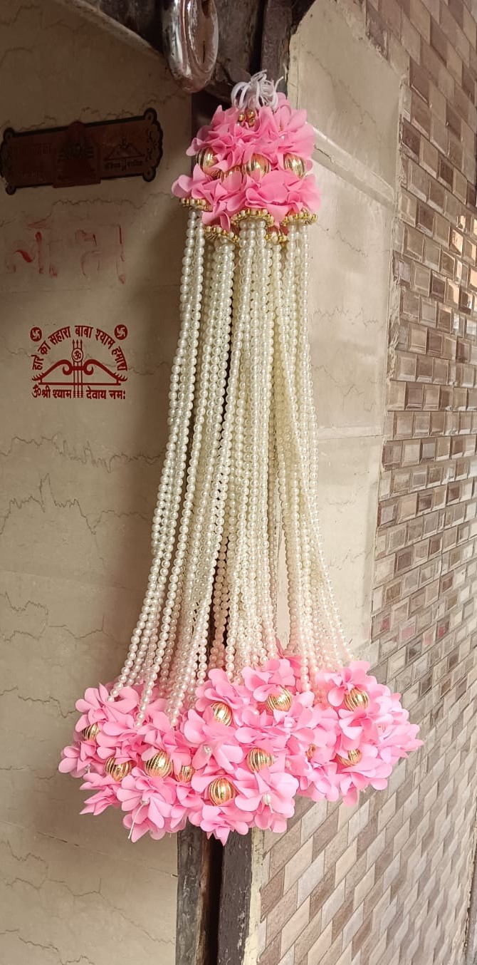 Handcrafted Pink Floral Pearl Hangings – Set of 10 | 2 Ft Long Decorative Tassels for Home, Wedding & Festive Decor