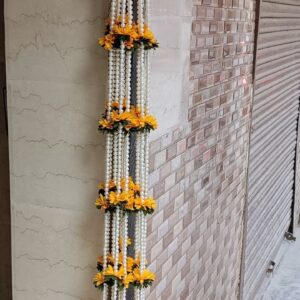 Handcrafted 5 Ft Yellow Floral Pearl Hangings – Set of 10 | Long Decorative Tassels for Home, Wedding & Festive Decor