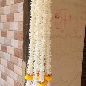 Handcrafted White Rajnigandha-Style Scented Hangings – Set of 10 | 2 Ft Floral Tassels with Yellow Pom-Poms & Gold Accents