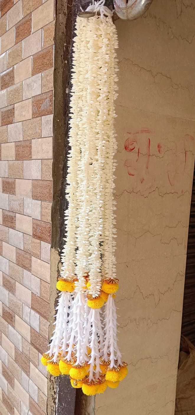 Handcrafted White Rajnigandha-Style Scented Hangings – Set of 10 | 2 Ft Floral Tassels with Yellow Pom-Poms & Gold Accents