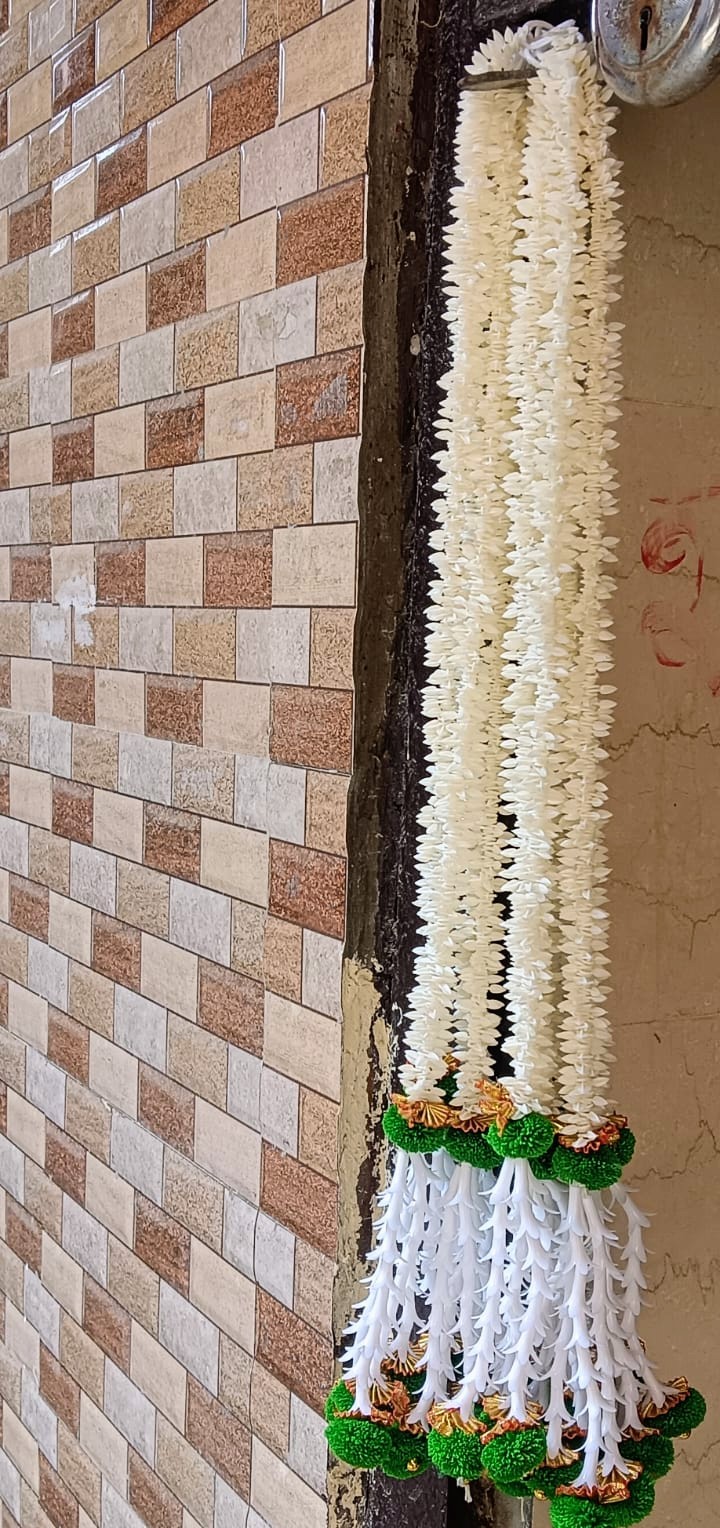 Handcrafted White Rajnigandha-Style Scented Hangings – Set of 10 | 2 Ft Floral Tassels with Green Pompoms & Gold Accents