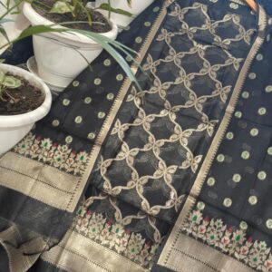 Black Handwoven Kota Doria Unstitched Kurta & Dupatta Set – Floral Zari Weave Party Wear