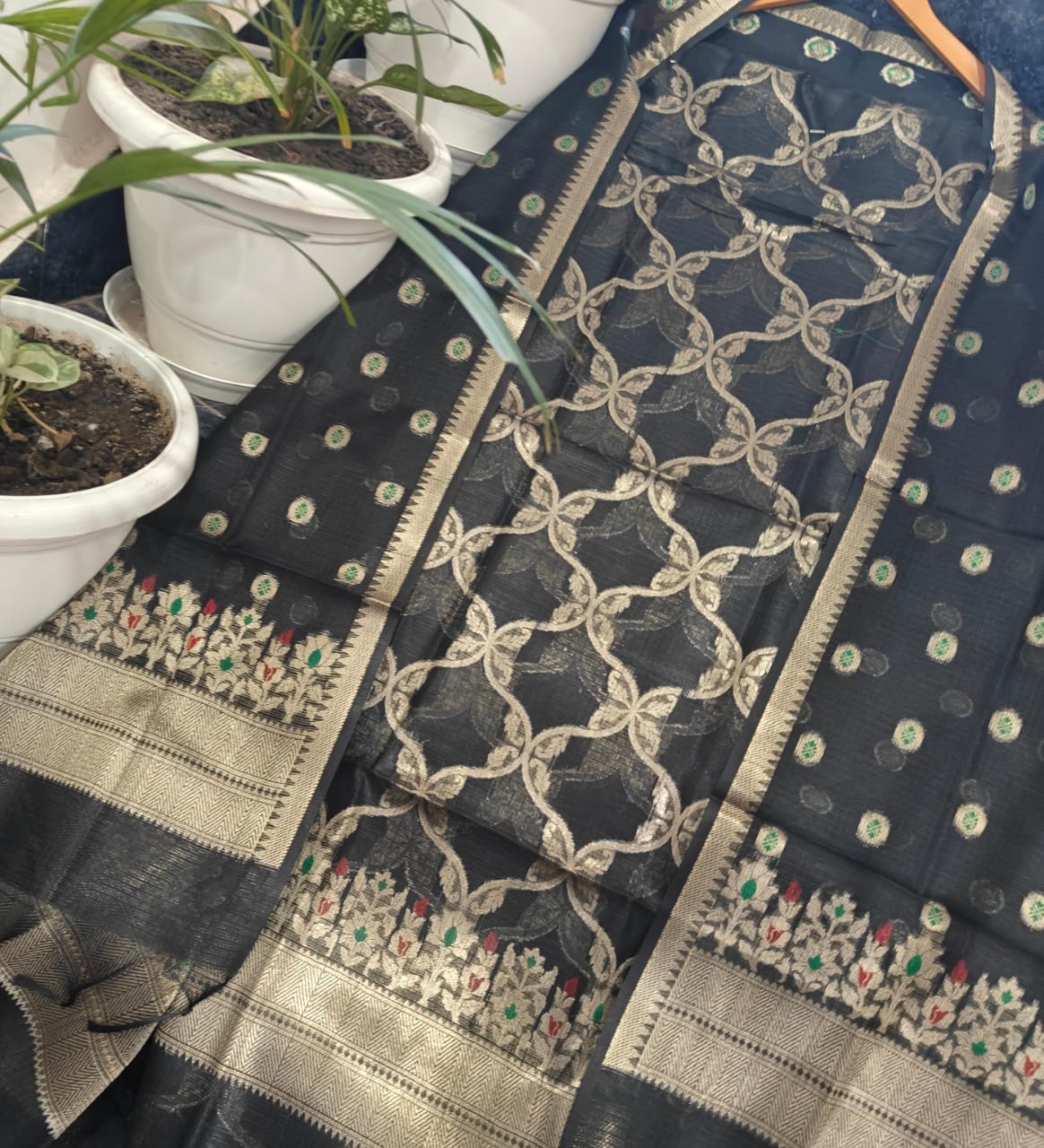 Black Handwoven Kota Doria Unstitched Kurta & Dupatta Set – Floral Zari Weave Party Wear