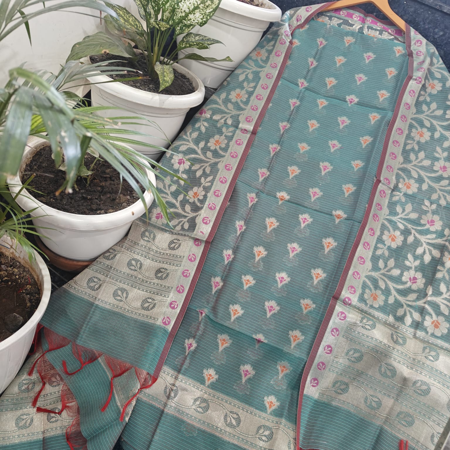 Teal Green Handwoven Kota Doria Unstitched Kurta & Dupatta Set – Pastel Floral Zari Weave