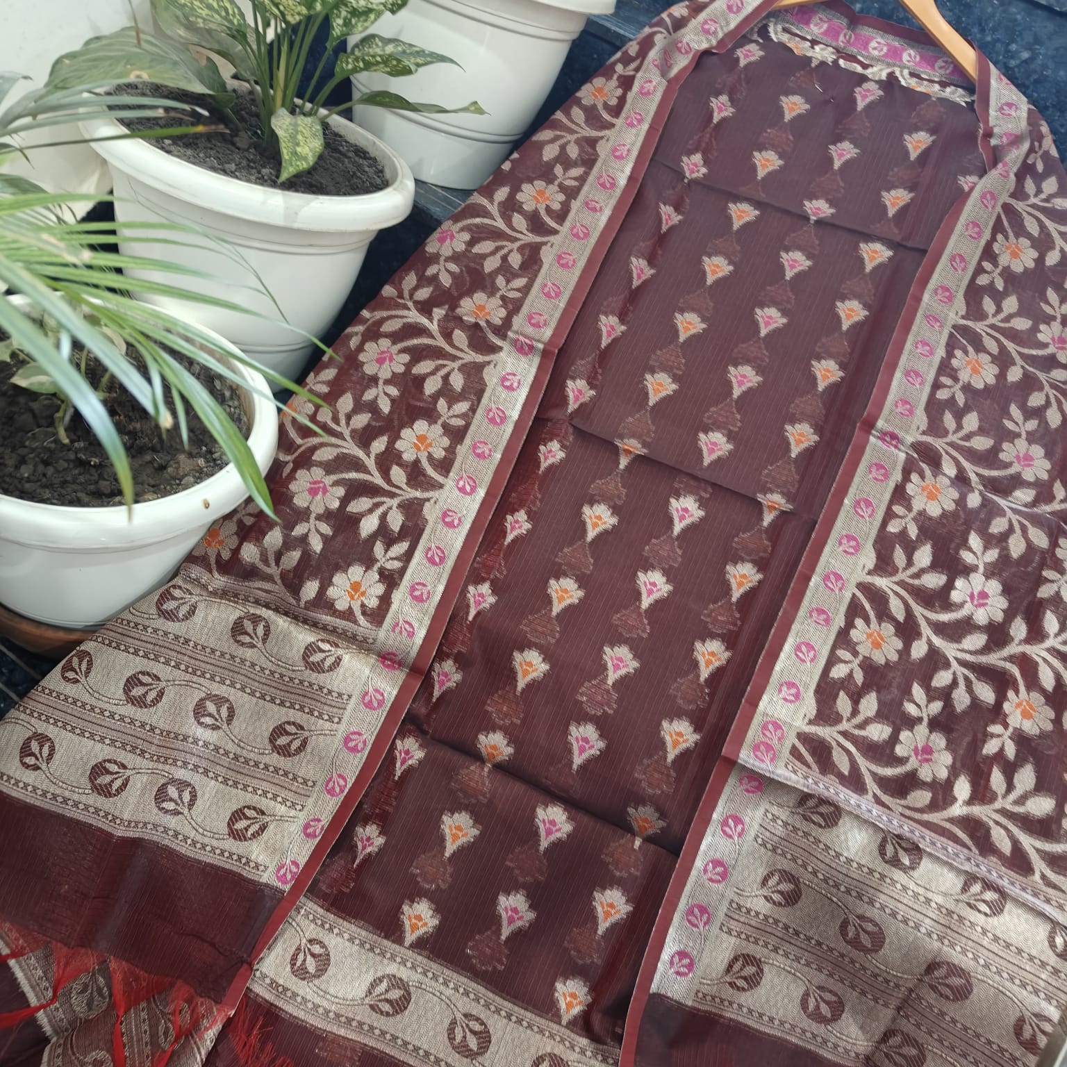 Maroon Handwoven Kota Doria Unstitched Kurta & Dupatta Set – Pastel Floral Zari Weave