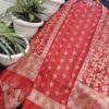Coral Red Handwoven Kota Doria Unstitched Kurta & Dupatta Set – Pastel Floral Zari Weave