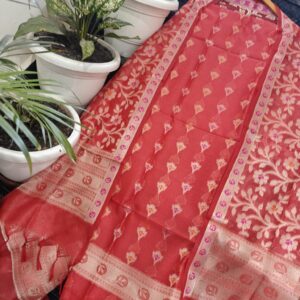 Coral Red Handwoven Kota Doria Unstitched Kurta & Dupatta Set – Pastel Floral Zari Weave