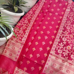 Hot Pink Handwoven Kota Doria Unstitched Kurta & Dupatta Set – Pastel Floral Zari Buti