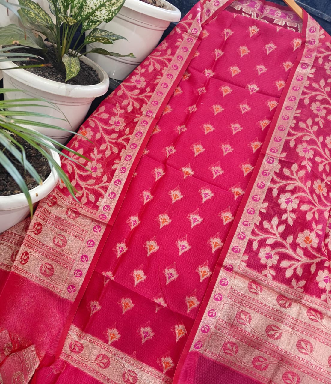 Hot Pink Handwoven Kota Doria Unstitched Kurta & Dupatta Set – Pastel Floral Zari Buti