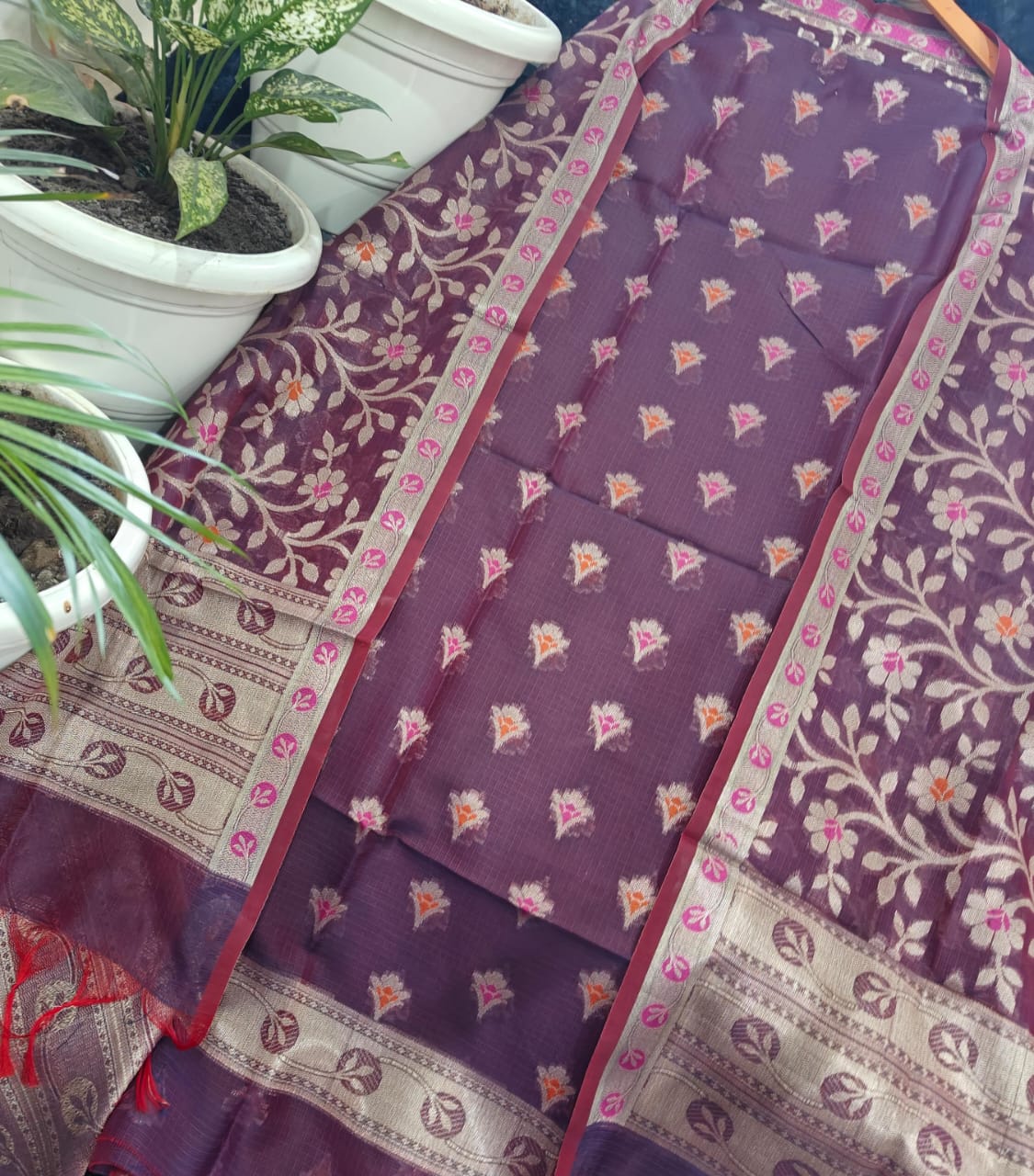 Plum Purple Handwoven Kota Doria Unstitched Kurta & Dupatta Set – Pastel Floral Zari Buti