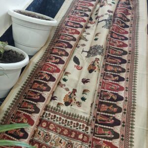 Handprinted Beige Chanderi Silk Saree with Multicolour Folk Motifs & Running Blouse Piece