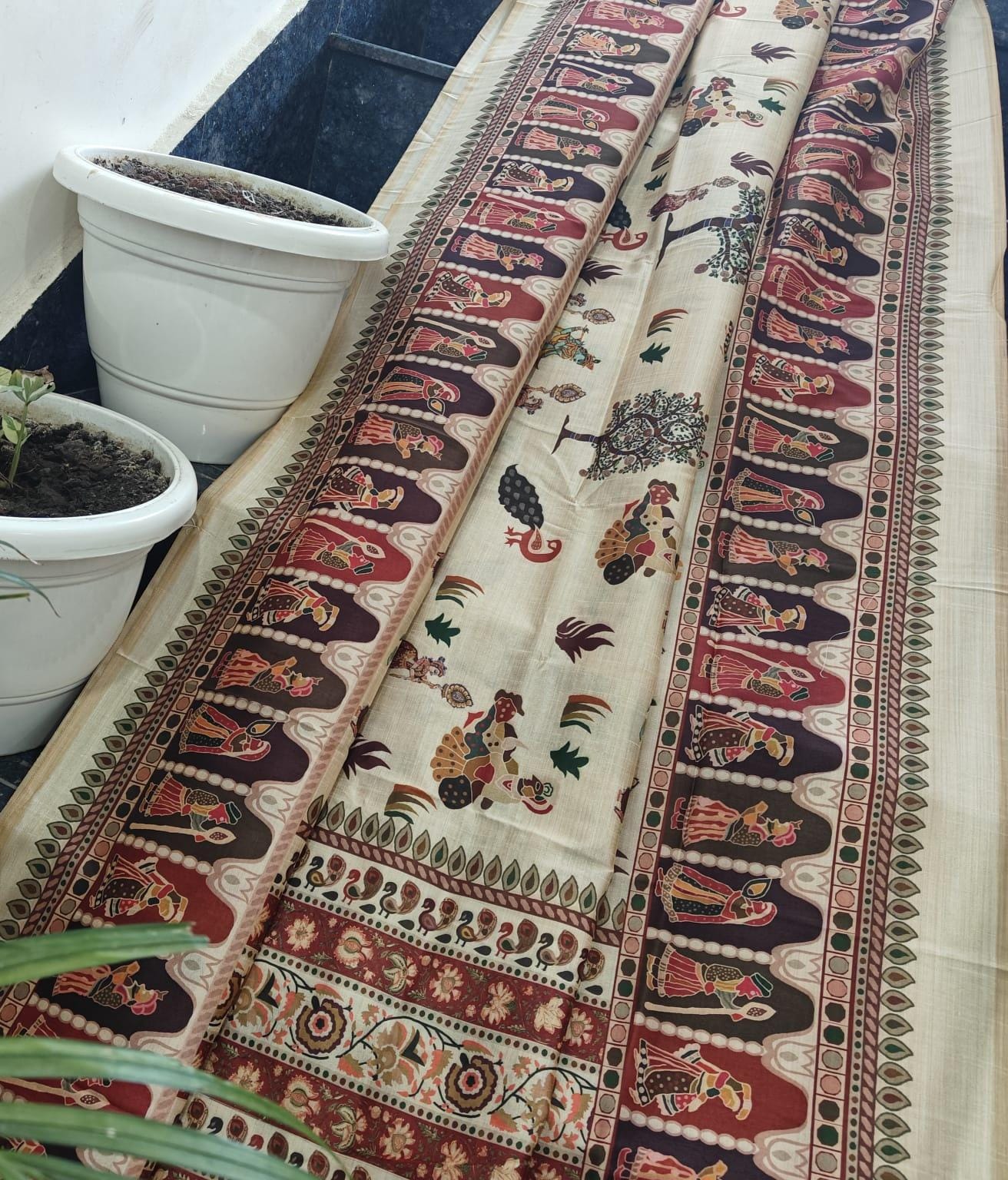 Handprinted Beige Chanderi Silk Saree with Multicolour Folk Motifs & Running Blouse Piece