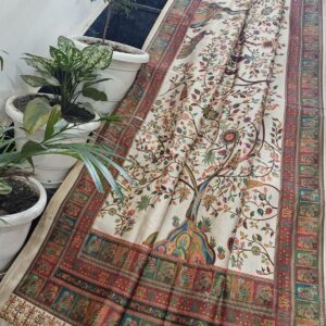 Ivory Tree of Life Handprinted Chanderi Silk Saree with Multicolour Borders & Running Blouse