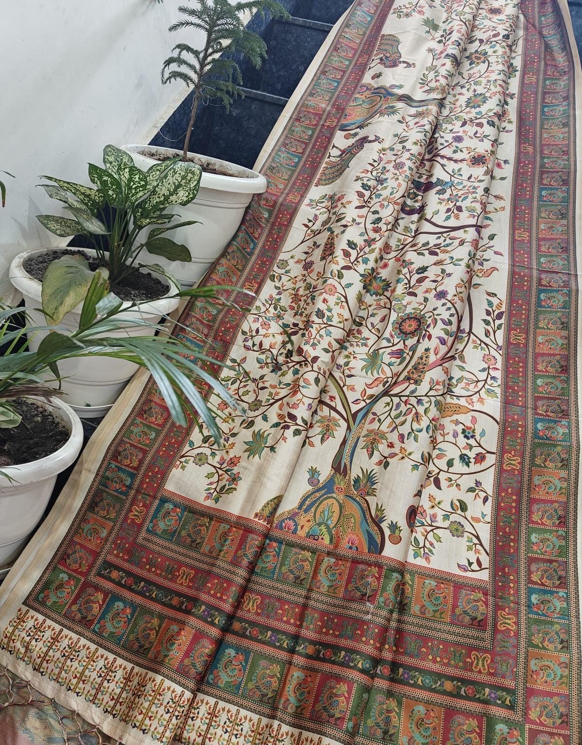 Ivory Tree of Life Handprinted Chanderi Silk Saree with Multicolour Borders & Running Blouse