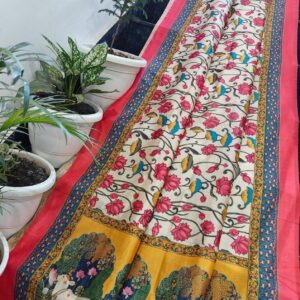 Lotus & Cow Pichwai Handprinted Chanderi Silk Saree in Ivory, Pink & Mustard with Running Blouse