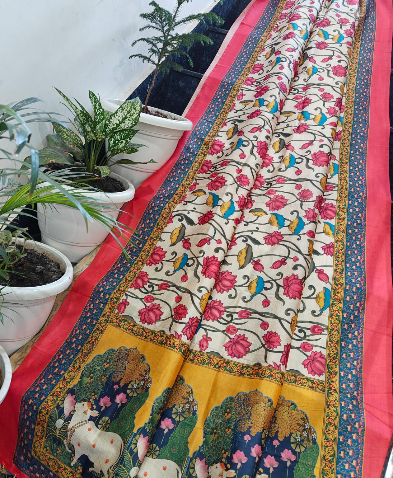 Lotus & Cow Pichwai Handprinted Chanderi Silk Saree in Ivory, Pink & Mustard with Running Blouse