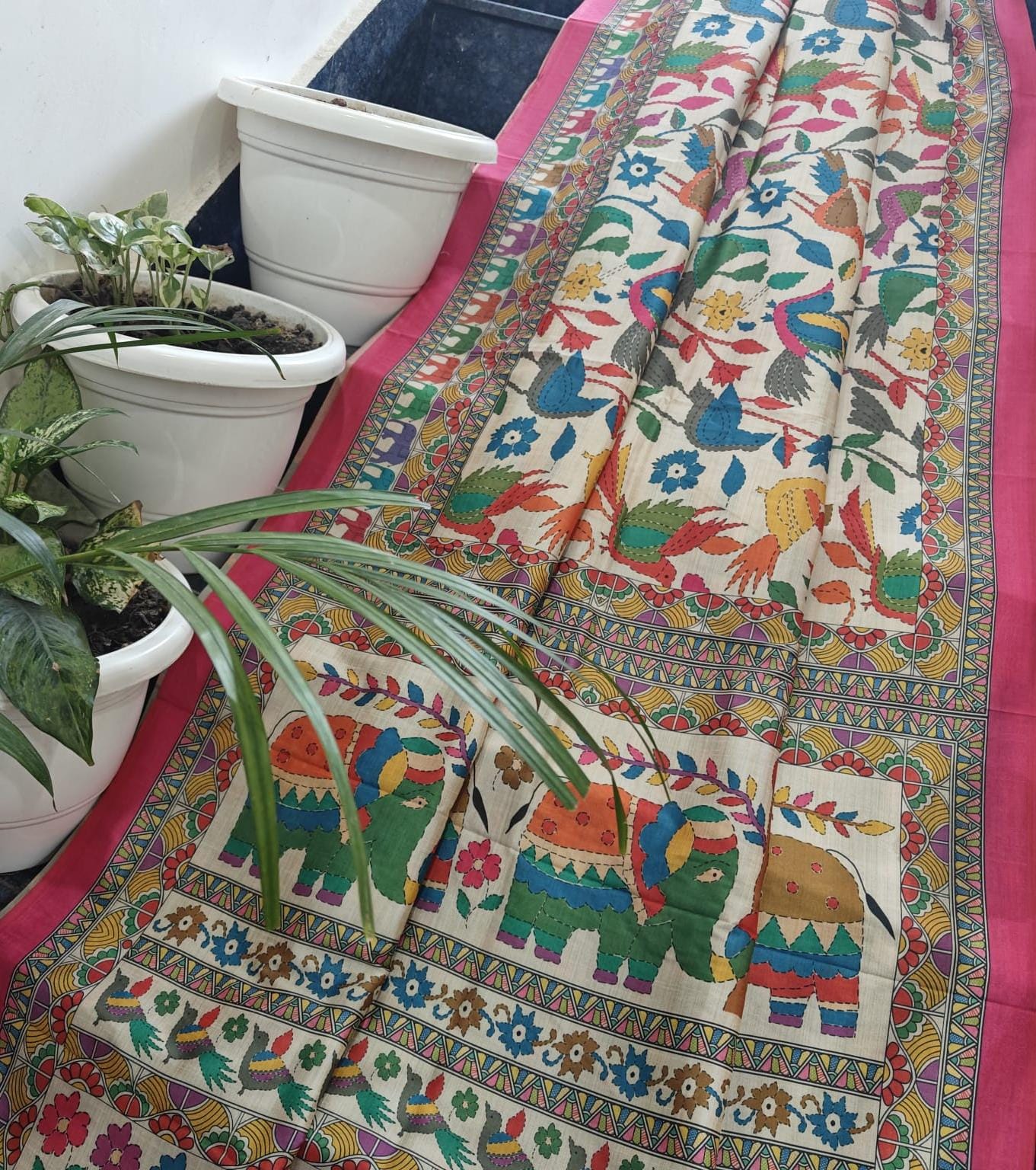 Multicolour Elephant & Bird Folk Art Handprinted Chanderi Silk Saree in Ivory & Pink with Running Blouse