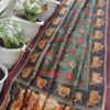 Bottle Green Radha Krishna Pichwai Cow & Lotus Handprinted Chanderi Silk Saree with Wine Border & Running Blouse