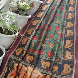 Bottle Green Radha Krishna Pichwai Cow & Lotus Handprinted Chanderi Silk Saree with Wine Border & Running Blouse