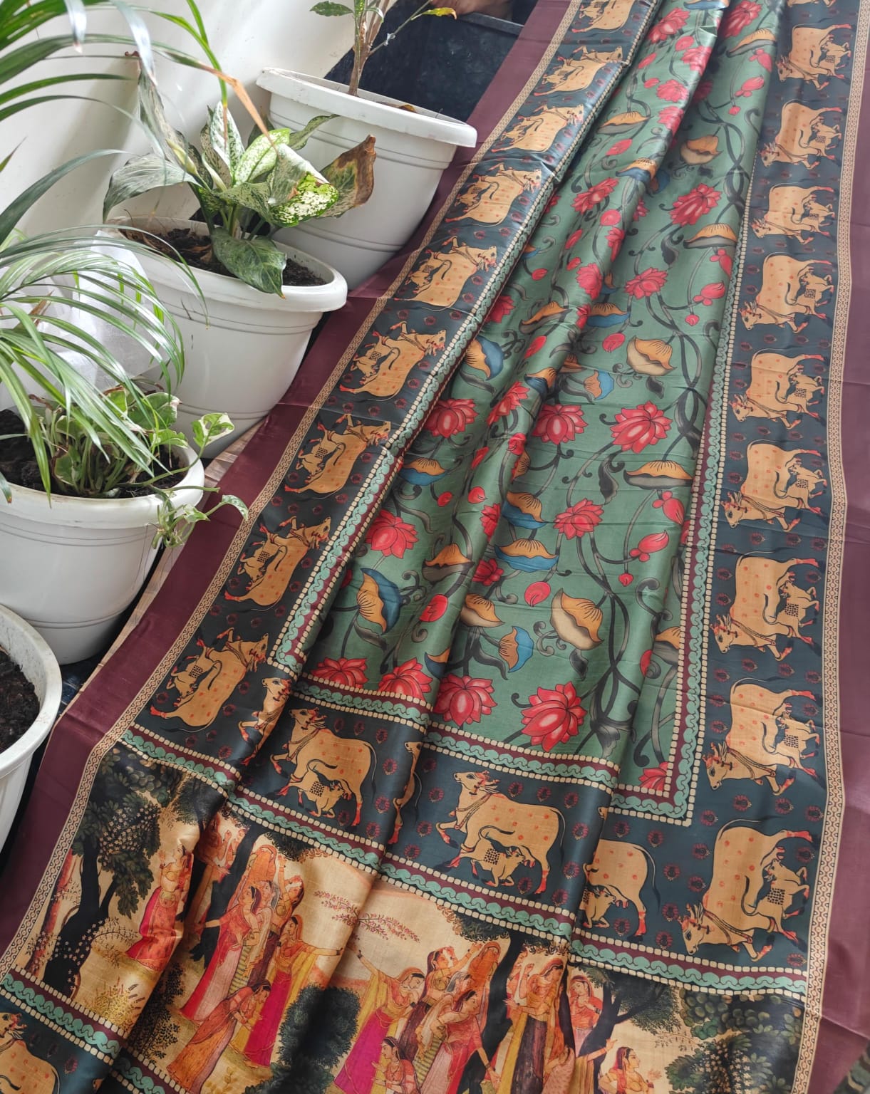 Bottle Green Radha Krishna Pichwai Cow & Lotus Handprinted Chanderi Silk Saree with Wine Border & Running Blouse