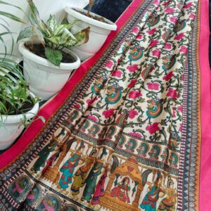 Pink Border Mythological Temple Scene & Lotus Paisley Handprinted Chanderi Silk Saree in Ivory with Running Blouse