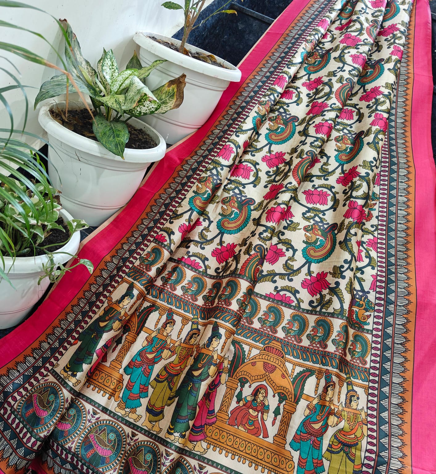 Pink Border Mythological Temple Scene & Lotus Paisley Handprinted Chanderi Silk Saree in Ivory with Running Blouse