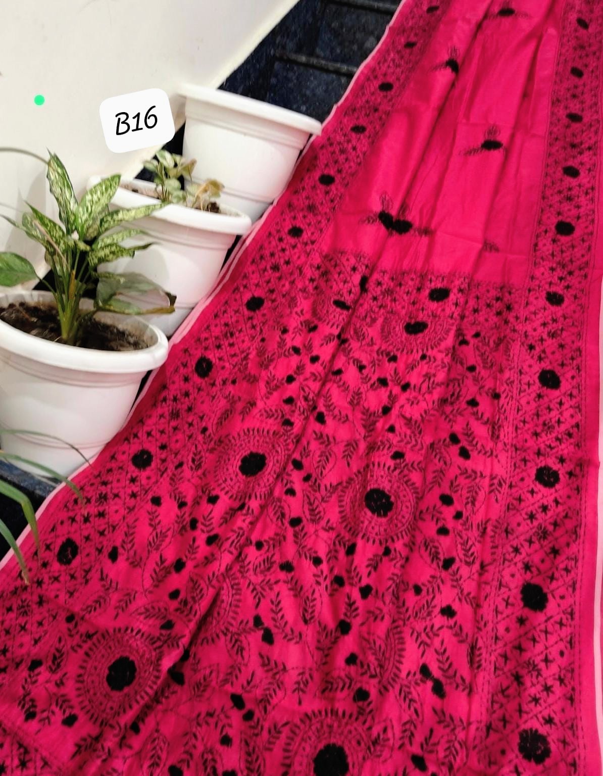 Handcrafted Vibrant Fuchsia Linen Chanderi Phulkari Saree with Embroidered Blouse Piece