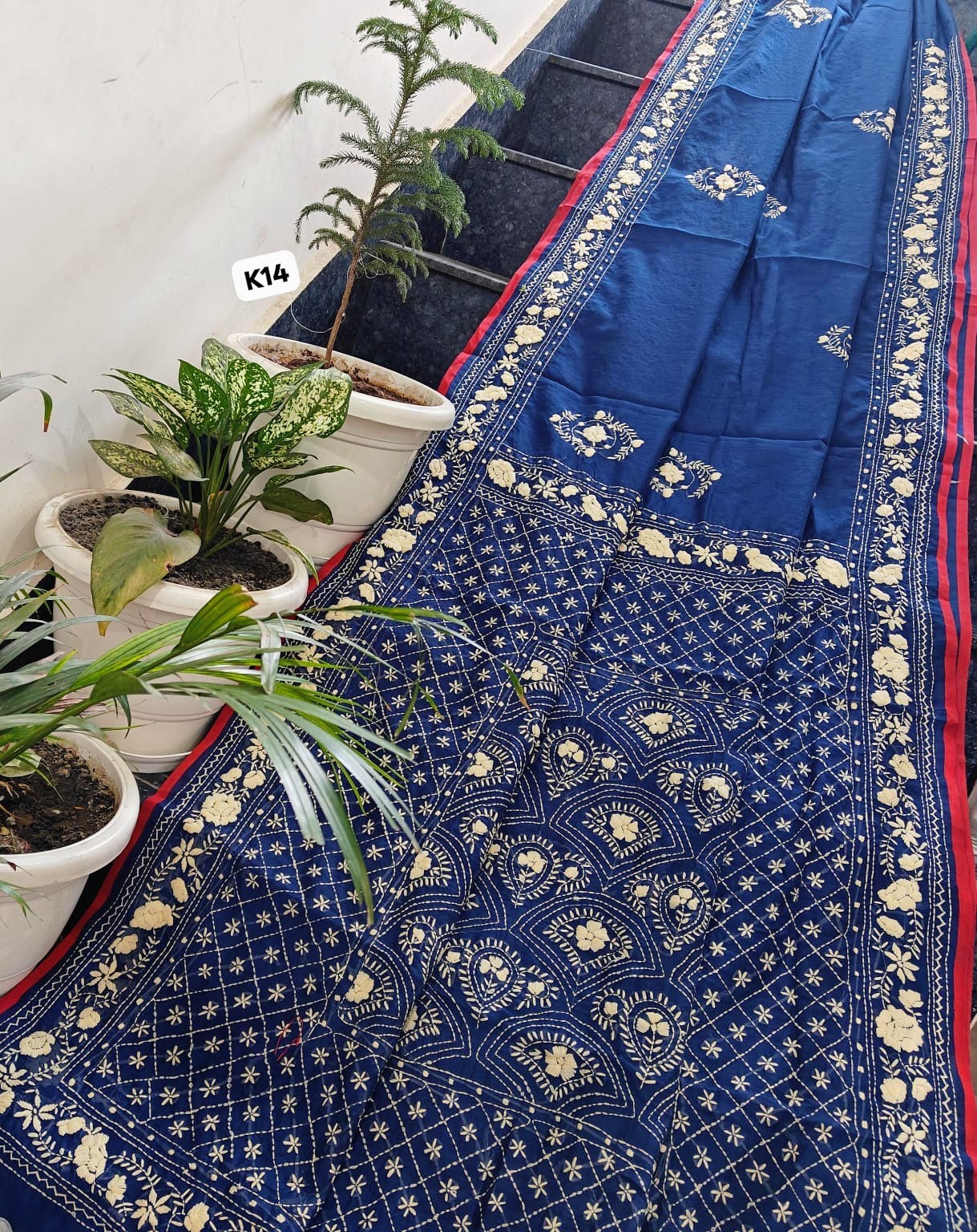 Handcraftd Royal Navy Linen Chanderi Phulkari Saree with Embroidered Blouse Piece