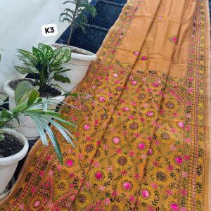 Handcrafted Sunshine Mustard Linen Chanderi Phulkari Saree with Neon Accents
