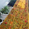 Handcrafted Marigold Yellow Linen Chanderi Phulkari Saree with Red Floral Blouse Piece