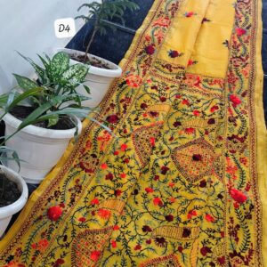 Handcrafted Marigold Yellow Linen Chanderi Phulkari Saree with Red Floral Blouse Piece