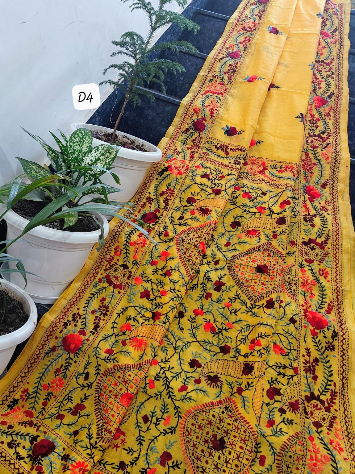 Handcrafted Marigold Yellow Linen Chanderi Phulkari Saree with Red Floral Blouse Piece