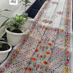Handcrafted White Linen Chanderi Phulkari Saree with Running Blouse Piece