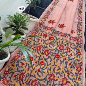 Blush Pink Linen Chanderi Phulkari Hand-Embroidered Saree with Running Blouse