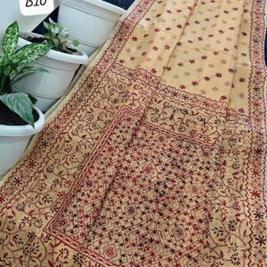 Mustard Linen Chanderi Phulkari Handcrafted Saree with Running Blouse