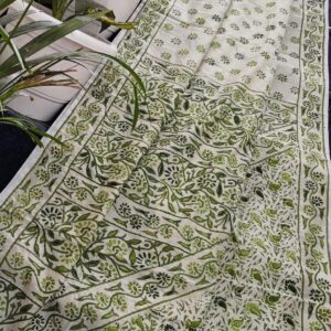 Ivory Green Linen Chanderi Phulkari Handcrafted Saree with Running Blouse