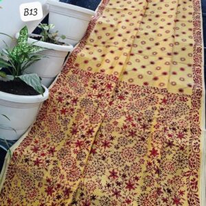 Handcrafted Yellow Linen Chanderi Saree with Maroon Floral Phulkari Embroidery & Running Blouse