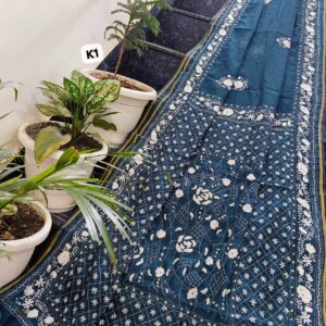 Handcrafted Teal Linen Chanderi Phulkari Saree with Embroidered Running Blouse.