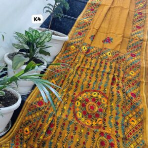Mustard Yellow Linen Chanderi Saree with Handcrafted Multicolour Phulkari Embroidery & Matching Blouse