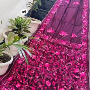 Plum Linen Chanderi Saree with Handcrafted Fuchsia Phulkari Embroidery & Matching Blouse