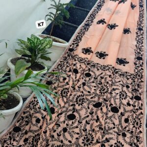Blush Peach Linen Chanderi Saree with Handcrafted Black Phulkari Embroidery & Matching Blouse