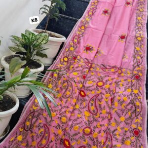 Blush Pink Linen Chanderi Saree with Handcrafted Multicolour Phulkari Paisley Embroidery & Matching Blouse