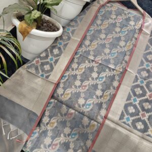 Smokey Grey Handwoven Kota Doria Unstitched Kurta & Dupatta Set – Pastel Paisley Ikat Design