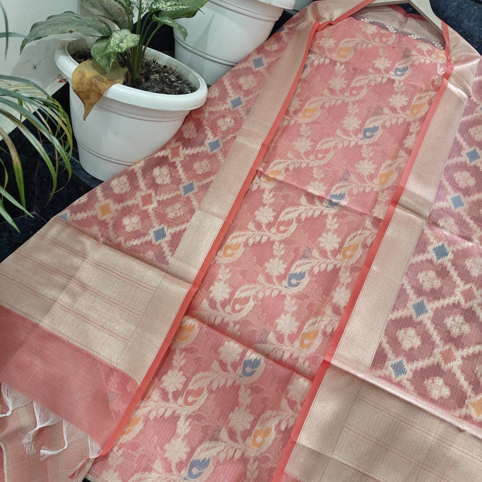 Peach Handwoven Kota Doria Unstitched Kurta & Dupatta Set – Pastel Paisley Ikat Design