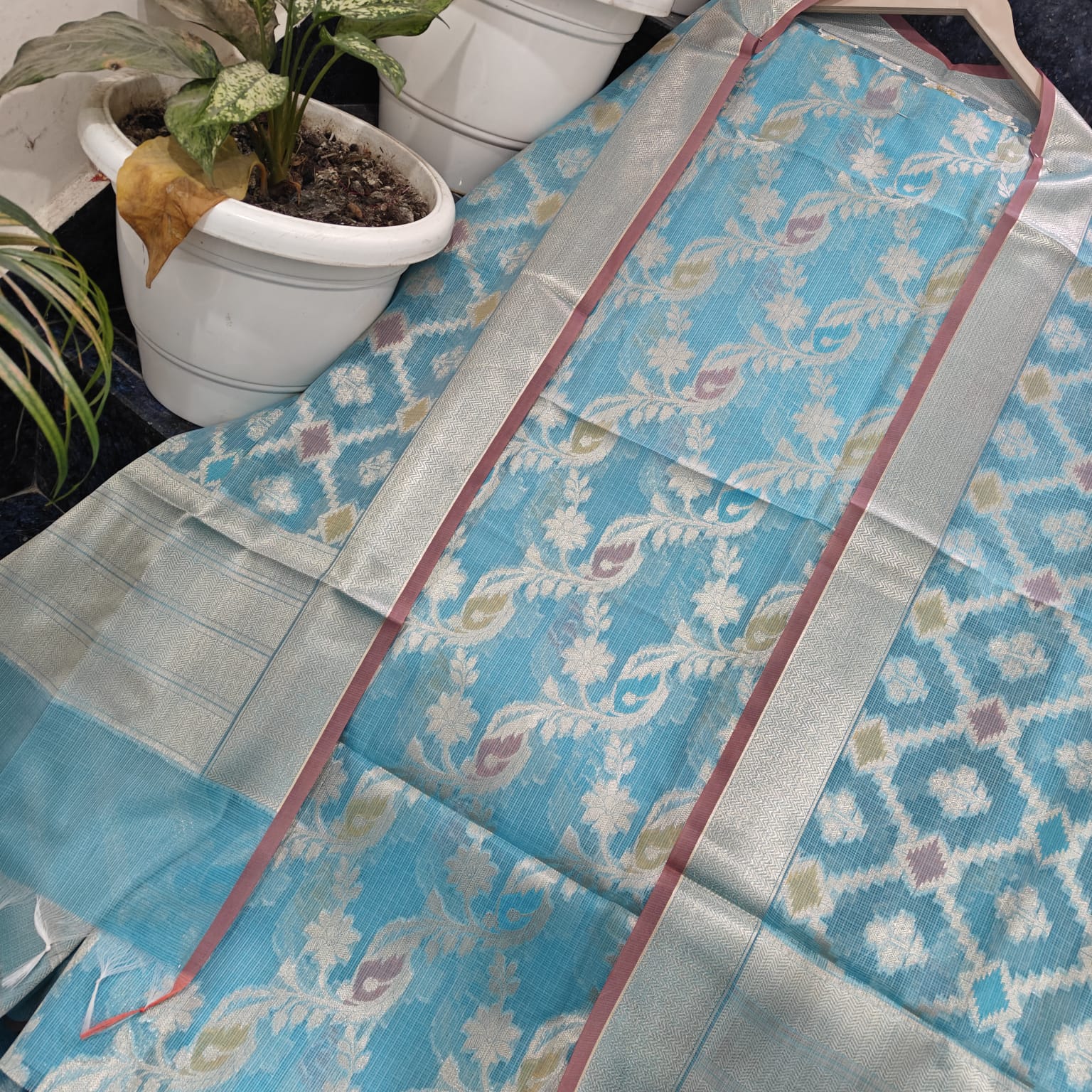 Sky Blue Handwoven Kota Doria Unstitched Kurta & Dupatta Set – Pastel Paisley Ikat Weave