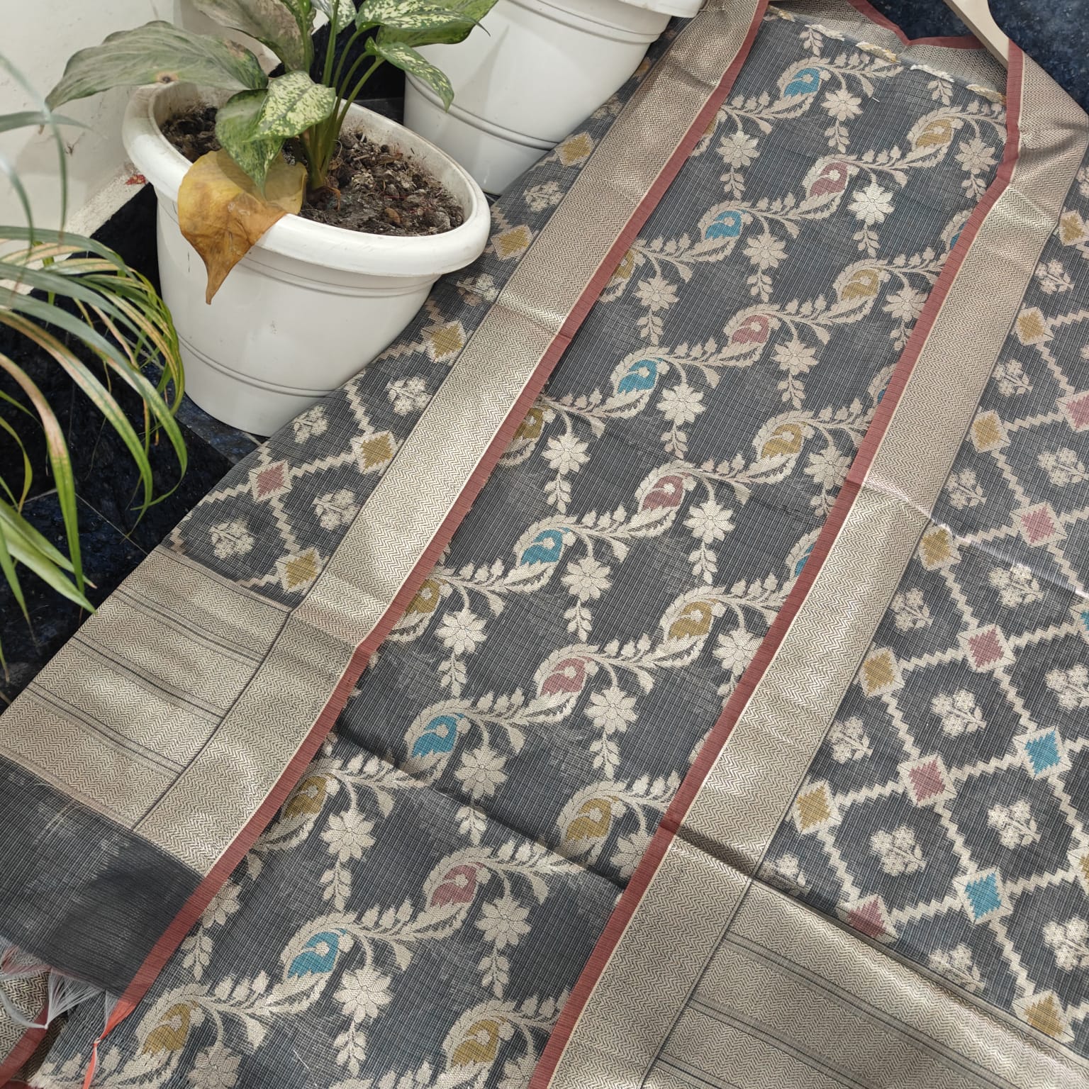 Charcoal Grey Handwoven Kota Doria Unstitched Kurta & Dupatta Set – Pastel Paisley Ikat Weave