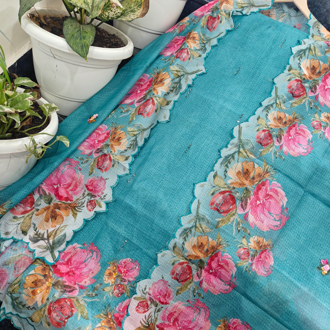 Teal Floral Handprinted Kota Doria Dress Material Set with Dupatta & Bottom | Lightweight Embroidered Kurta Fabric